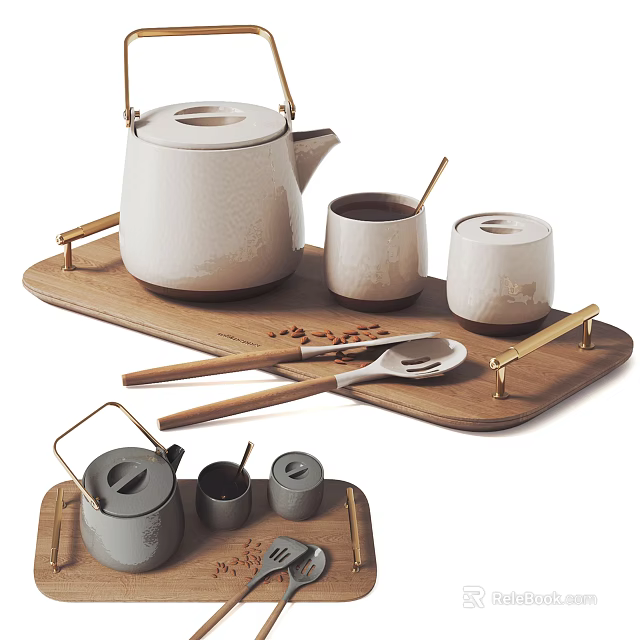Minimalist Tea Set With Ceramic Teapot Cups Wooden Tray And Metal Handles 3d model 
