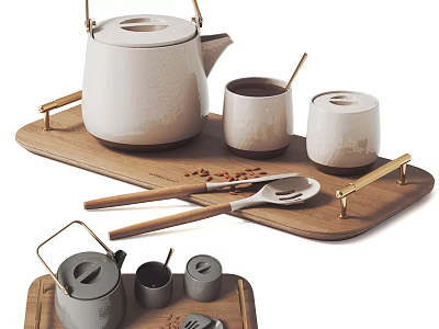 Minimalist Tea Set With Ceramic Teapot Cups Wooden Tray And Metal Handles 3d model