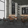Modern Café Interior With Large Windows Concrete Walls Blackboard Menu And Wooden Furniture