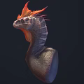Mythical Serpent Creature With Skeleton Head Flaming Red Crest Brown Scaly Body Dark Background