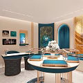 Jewelry Store Interior With Blue Display Cases Golden Frames White Chairs And Mirrors