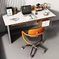 Modern Home Office Desk With Laptop Open Book Desk Lamp Coffee Cup And Orange Chair
