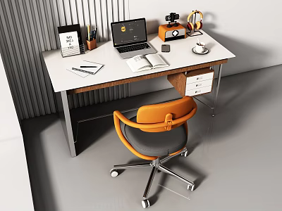 Modern Home Office Desk With Laptop Open Book Desk Lamp Coffee Cup And Orange Chair 3d model