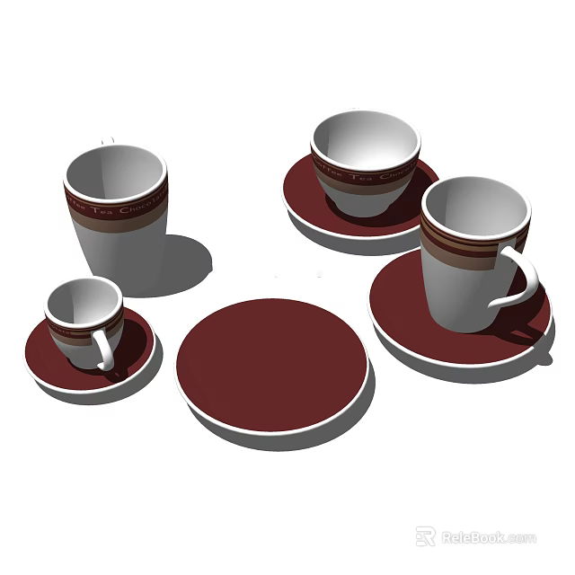 White Mugs With Brown Stripes And Red Coasters Plate Dinnerware Set 3d model