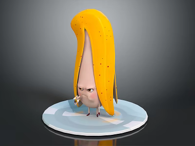 Yellow Banana Shaped Commercial Display Equipment With Circular Base And Cartoon Character Holding Object 3d model