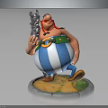Muscular Cartoon Character In Striped Pants Holding Small Creature With Round Base Green Yellow Details