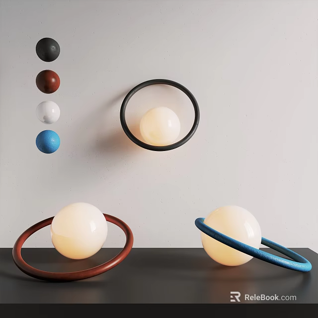 Modern Spherical Wall Lamps With Black Brown Blue Ring Frames On White Wall 3d model