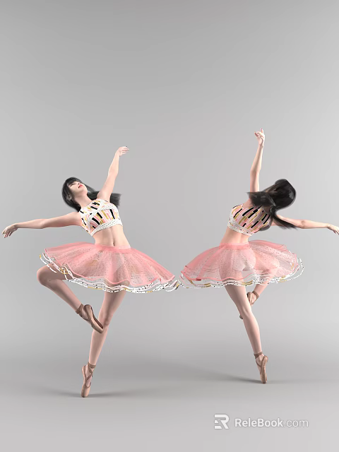 Two Women In Pink Ballet Tutus Dancing With Elegant Poses On Gray Background 3d model 