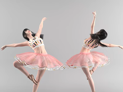 Two Women In Pink Ballet Tutus Dancing With Elegant Poses On Gray Background 3d model
