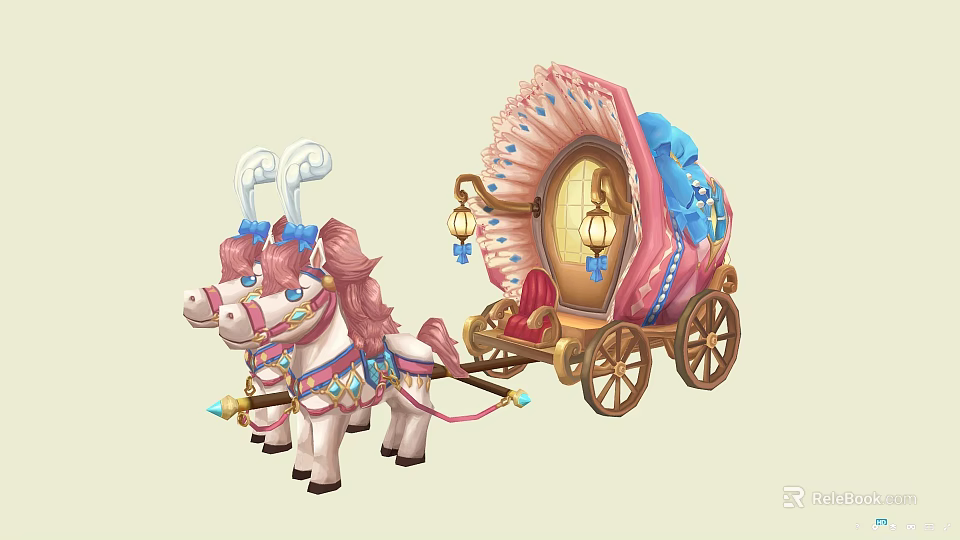Fairy Tale Carriage Pulled by Two Pink Ponies with Pink and Blue Decorative Lanterns 3d model 
