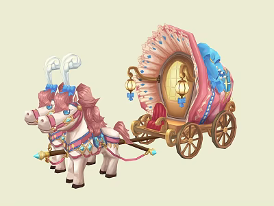 Fairy Tale Carriage Pulled by Two Pink Ponies with Pink and Blue Decorative Lanterns 3d model