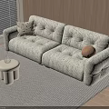 Two Seater Sofa With Textured Fabric Decorative Pillows Small Stool And Soft Rug