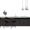 Modern Bar Counter With Marble Countertop Wooden Cabinets Brown Stools Green Plant Silver Pendant Lights