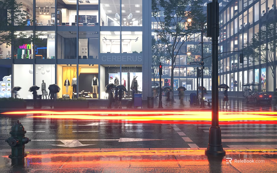 Modern Commercial Street with Glass Fronted Buildings Shops Pedestrians and Rainy Lights on Wet Ground 3d model 