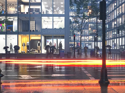 Modern Commercial Street with Glass Fronted Buildings Shops Pedestrians and Rainy Lights on Wet Ground 3d model