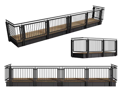 Contemporary Railings Design With Metal Balusters And Wooden Handrails For Staircase And Balcony 3d model