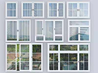 Various Modern Casement Windows With White Frames And Clear Glass Panels 3d model