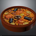 Traditional Mediterranean Dish in Round Red Plate with Tomatoes Black Olives Beans and Herb Garnish