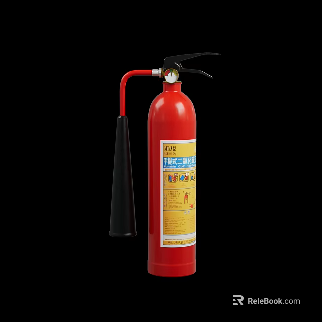 Red Fire Extinguisher With Black Nozzle Handle And Safety Instruction Label 3d model 