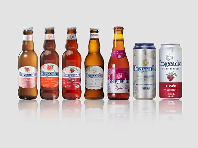 Assorted Hoegaarden Beer Bottles And Cans With Different Colors Displayed On White Background 3d model
