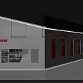 Modern Exhibition Hall Interior Design With Blue Red Display Panels Wall Graphics And Gray Floor