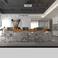 Modern Sleek Company Reception Desk With Gradient Orange Surface Marble Logo Wall And Office Computers