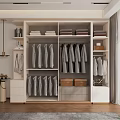 Modern Beige Wardrobe With Sliding Doors Open Shelves Gold Accents And Hanging Area