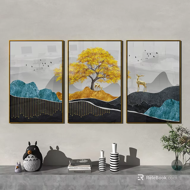Modern Triptych Wall Art With Golden Tree Deer And Mountain Design 3d model