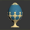 Blue Enamel Egg With Gold Ornaments And Gemstone Accents On Pedestal