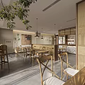 Modern Restaurant Interior Design With Wooden Tables Chairs Hanging Lights Large Windows And Green Plants
