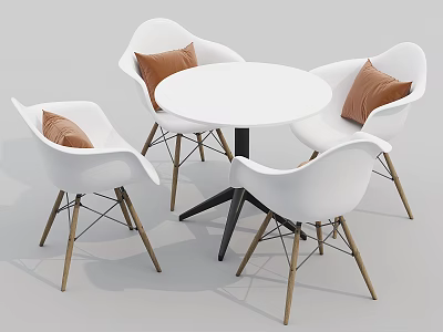 Modern Round Table and Chair Set with Four White Chairs Brown Cushions and Wooden Legs 3d model