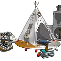 Kids' White Tipi Tent with Star Patterns Surrounded by Colorful Balls Building Blocks and Books
