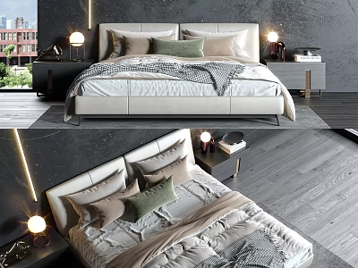 Elegant Modern Double Bed With Leather Headboard Decorative Pillows And Nightstands 3d model