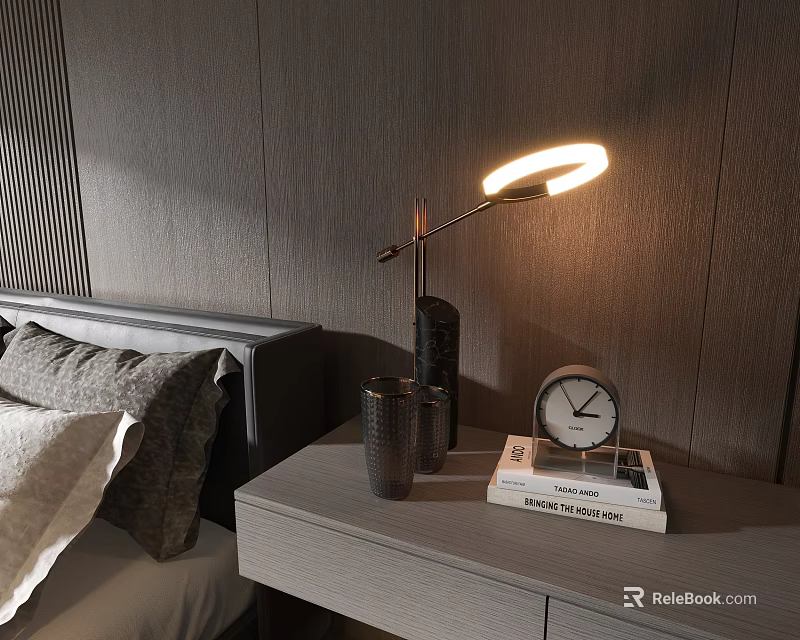 Modern Ring Design Table Lamp on Nightstand with Clock Glass and Books in Bedroom 3d model 