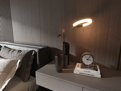 Modern Ring Design Table Lamp on Nightstand with Clock Glass and Books in Bedroom 3d model
