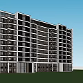 Modern Apartment Building Exterior With Tree Landscaping And Outdoor Seating Areas