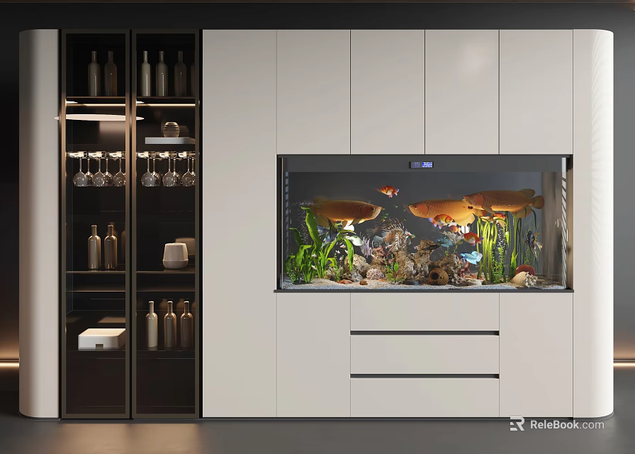 Modern Built In Aquarium With Aquatic Plants Fish And White Cabinets 3d model 