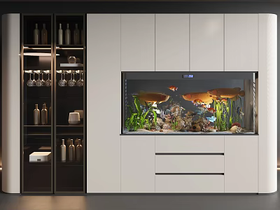 Modern Built In Aquarium With Aquatic Plants Fish And White Cabinets 3d model