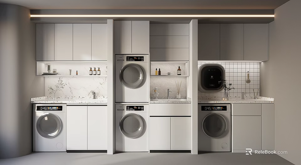 Modern Bathroom Cabinet With White Grey Cabinets Marble Countertop Washer Dryer And Storage Space 3d model 