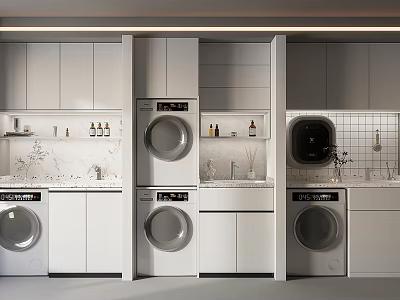 Modern Bathroom Cabinet With White Grey Cabinets Marble Countertop Washer Dryer And Storage Space 3d model