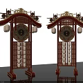 Traditional Red Art Installation With Golden Roof Structure Circular Patterns And Lantern Elements 3d model