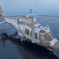 White Civilian Helicopter With Rotors Clear Windows Over Calm Water Surface