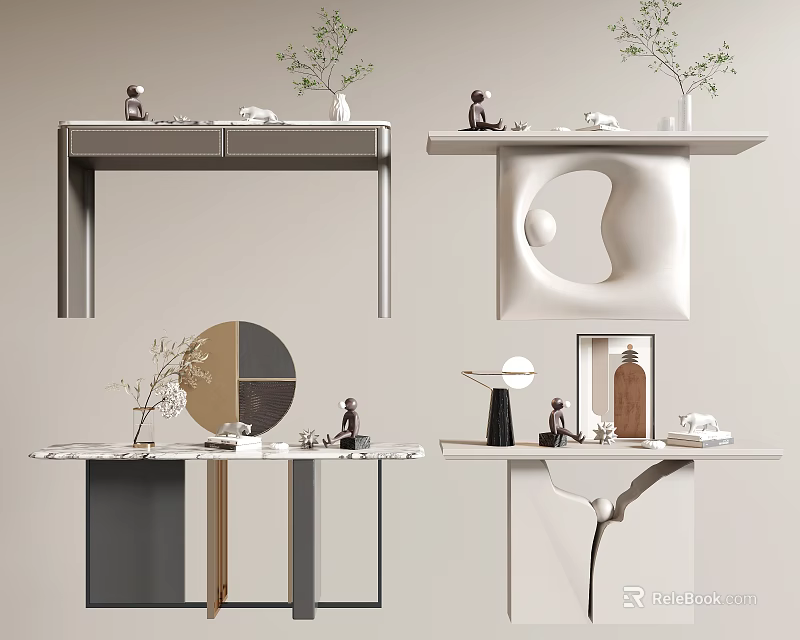 Modern Minimalist Console Table Designs With Marble Tops Metal Frames And Decorative Plants 3d model