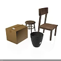 Simple Wooden Chair And Round Stool With Cardboard Box And Black Bucket