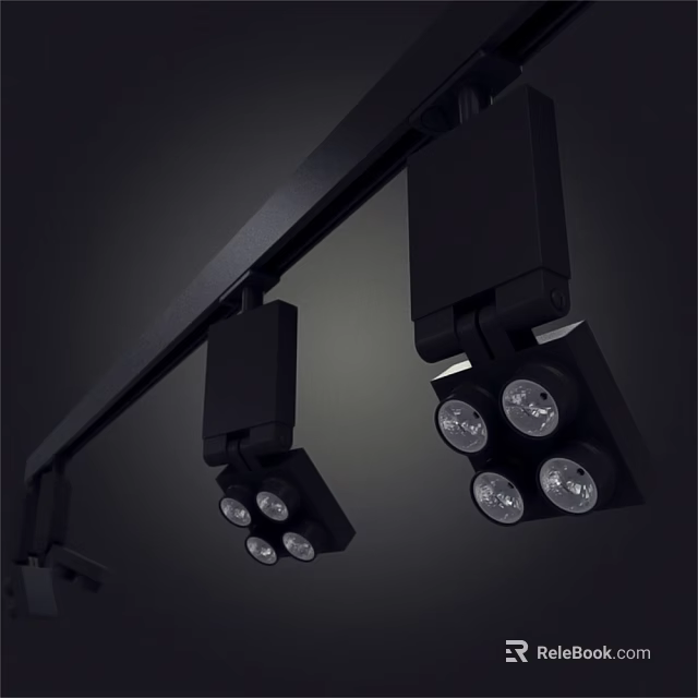 Sleek Black Track Mounted Downlights and Spotlights with Multiple Lamp Heads 3d model 