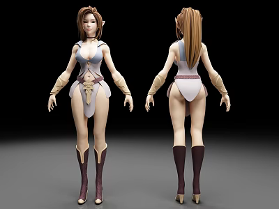 3D Female Character Model With Front And Back View White Brown Outfit And Long Boots 3d model