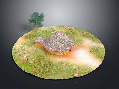 Scenic Rustic Thatched House in Natural Grassland with Tree and Stones 3d model