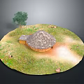 Scenic Rustic Thatched House in Natural Grassland with Tree and Stones