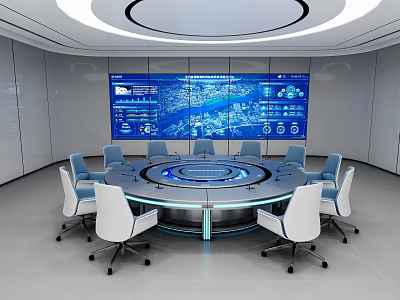 Round High Tech Conference Table In Modern Meeting Room With Large Data Display Screen 3d model