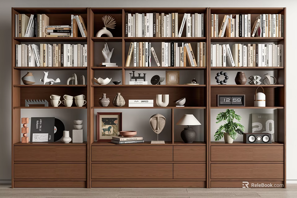 Wooden Bookcase With Books Decorative Sculptures Framed Photos And Potted Plant 3d model 